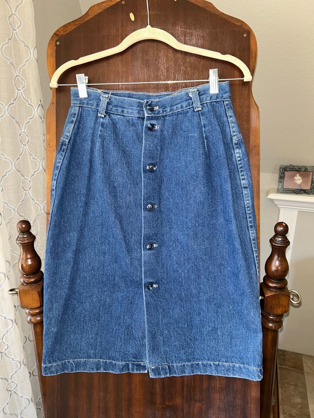 Vintage 90s Denim Skirt Womens 10 Vivaldi Midi Boho Western button front small